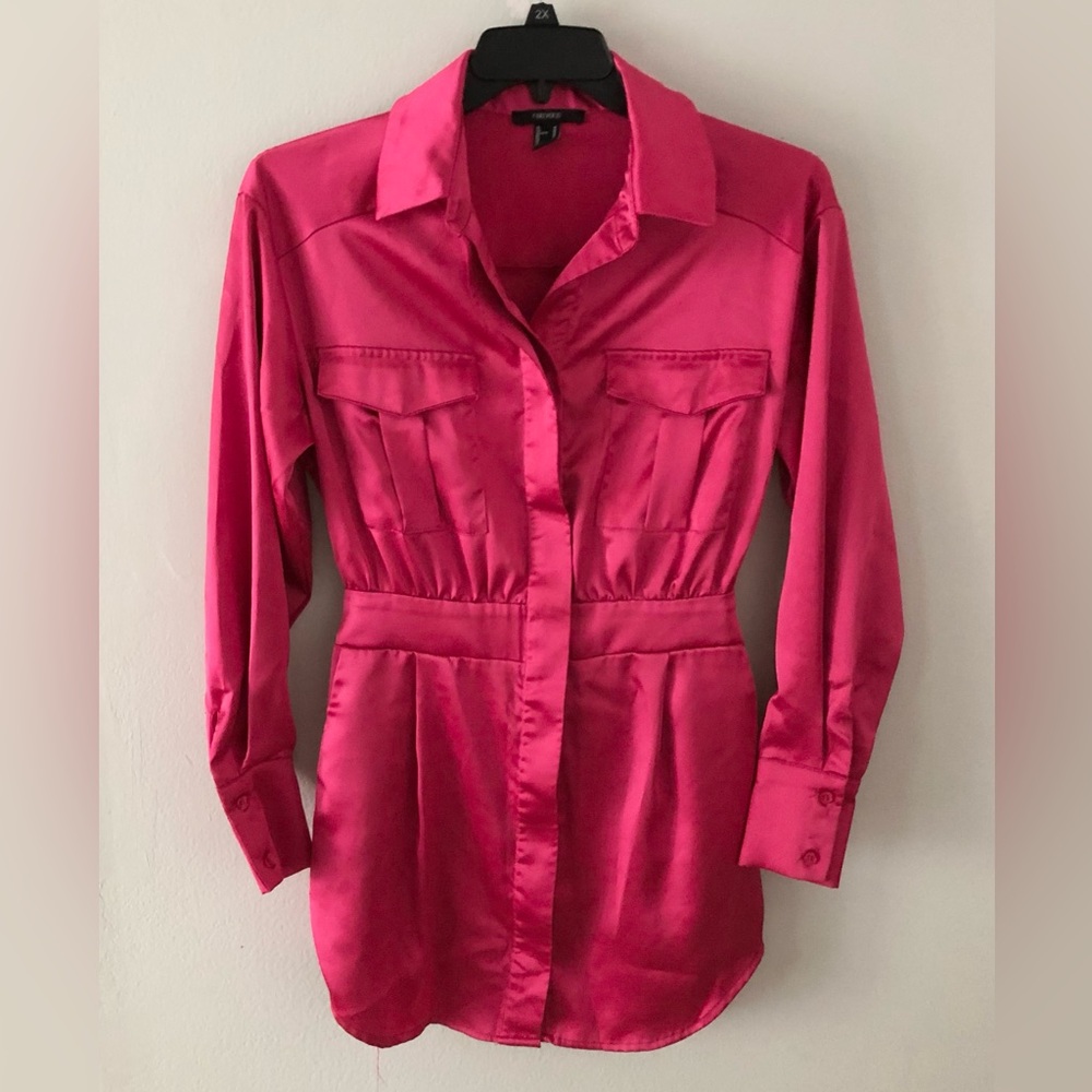 Forever 21 Hot Pink Satin Button-Front Mini Shirt Dress Date Night Party